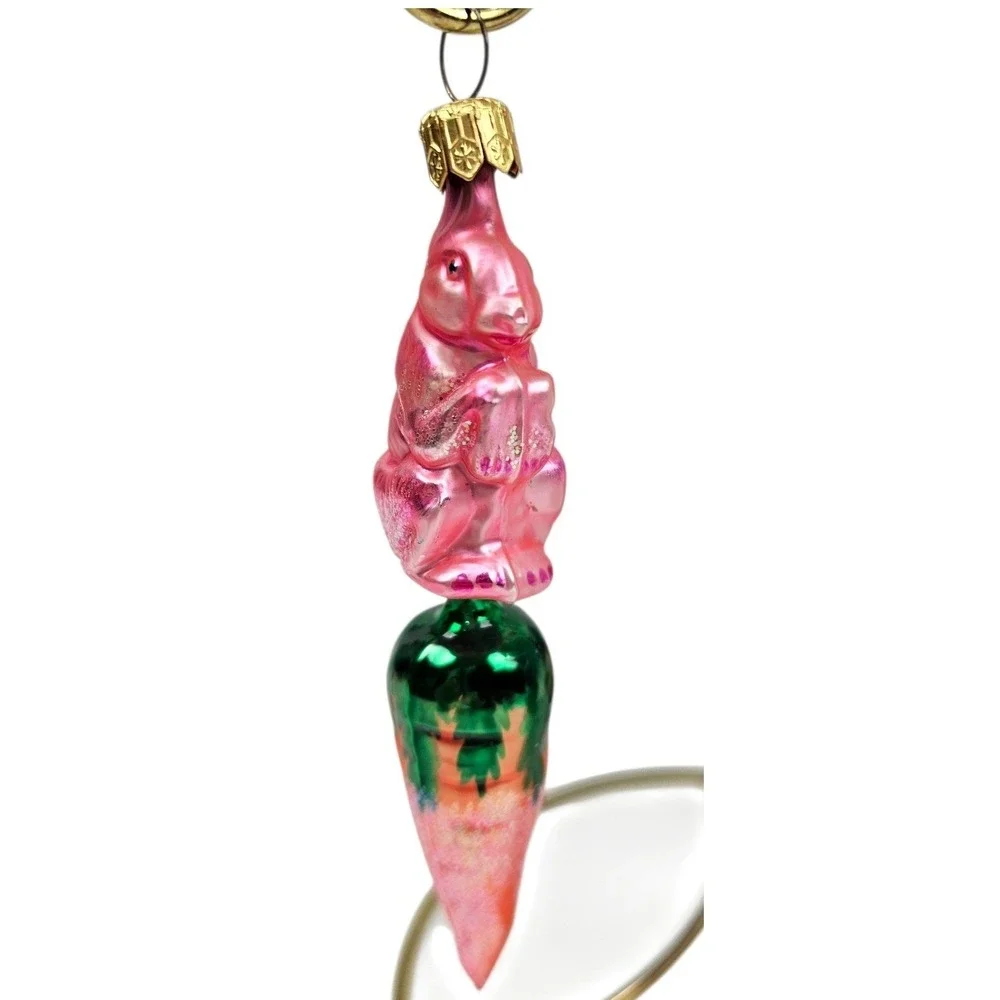 Rare Vtg Christopher Radko Pink Bunny Hop w/ Carrot‎ Glass Ornament